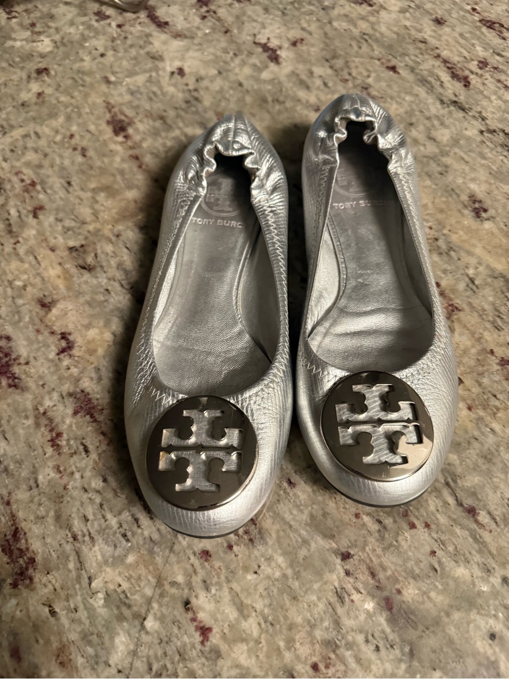 Tory Burch Metallic Silver Logo Round-Toe Ballet Flats